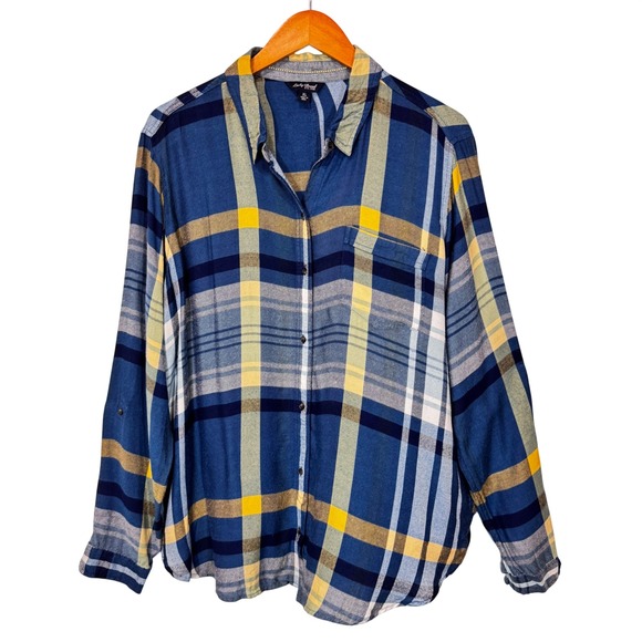 Lucky Brand Tops - Lucky Brand Button Down Women XL Blue Yellow Plaid Modal Roll Tab Sleeve Flannel